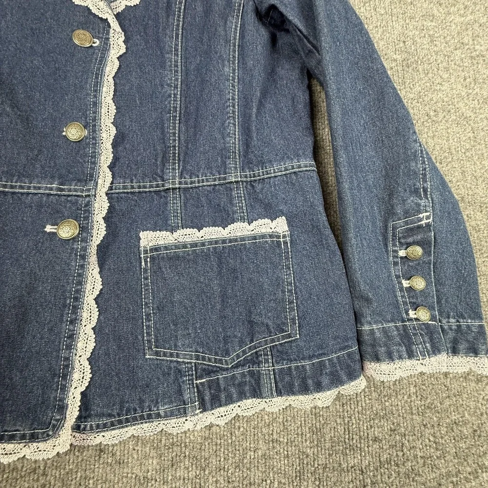 Denim & Co. Blazer Jacket Womens Medium Blue Denim Lace Trim Button Front Boho - Picture 8 of 15